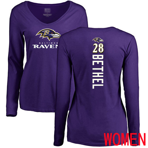 Baltimore Ravens Purple Women Justin Bethel Backer NFL Football #28 Long Sleeve T Shirt